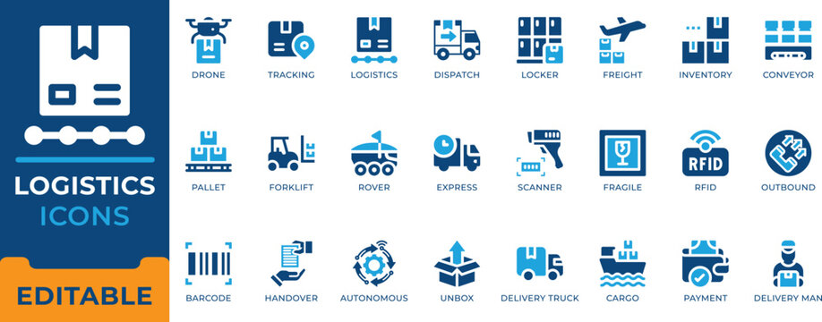 Logistics Delivery Shipping Supply Chain Warehouse Icon Set - editable flat vectors for cargo transportation, freight tracking, and inventory management