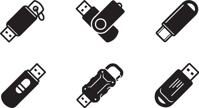 Six different usb flash drive icons in black and white Vector