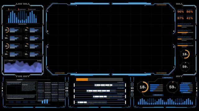 Futuristic HUD command and control center dashboard featuring real-time analytics, radar interface, system monitoring, digital maps, data visualization, and AI-powered technology. Ideal for business p