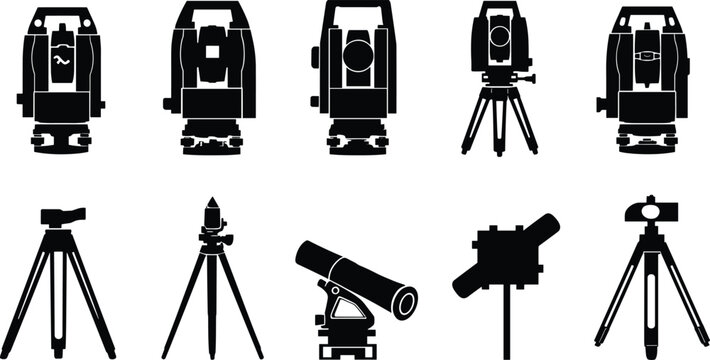 Surveying Equipment Silhouette Collection Set with Total Station, Theodolite, Tripod, Telescope, and Geodetic Instrument Vector Icons