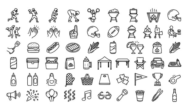 American Football Tailgate Party Outline Icons Editable Stroke Vector Set Isolated on White
