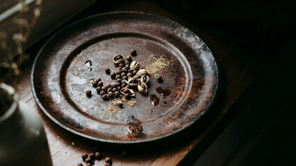 Fototapeta premium Vintage iron plate with mixed black and white peppercorns and seasoning spices on dark wooden surface