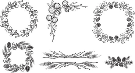 Vintage Botanical Autumn Forest Wreaths: Pinecone, Acorn, and Wheat Set © Taslima
