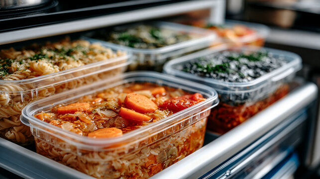 Organized refrigerator shelf filled with prepared meals in clear plastic containers, pasta, vegetable soup with carrots and tomatoes, fresh meal prep for the week, healthy homemade food storage, cle