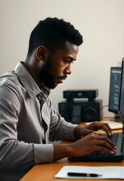 Concentrated young man programming CSS on computer at home desk