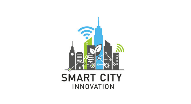 Smart city innovation logo with skyline and leaf.