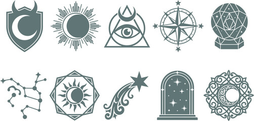 Collection of esoteric and celestial symbols including a crescent moon on a shield sun and moon emblems allseeing eye compass rose crystal ball constellation shooting star and ornate lunar designs © Be Creative