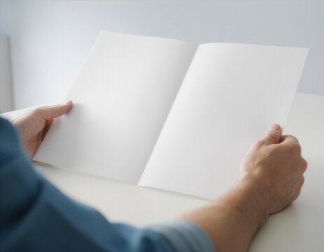 Blank newspaper mockup template held by person with clean white pages