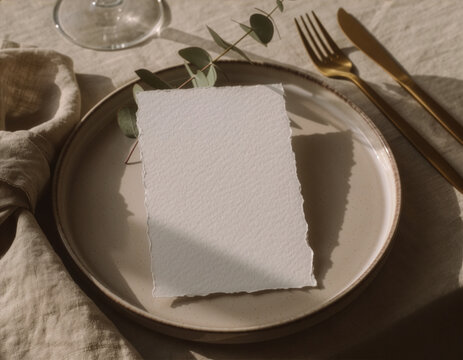 Elegant wedding menu mockup template on ceramic plate with linen