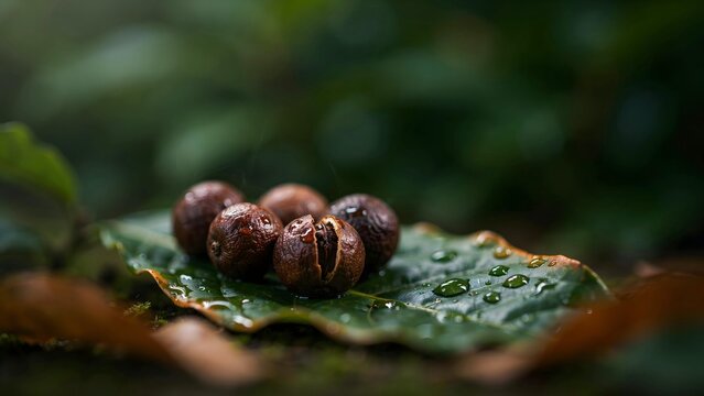 Close-up of Coffee Beans on Leaf with Dewdrops in Nature Setting