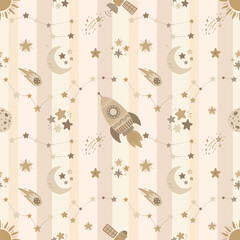 Boho space seamless pattern with rocket and constellations © Ольга Кухта