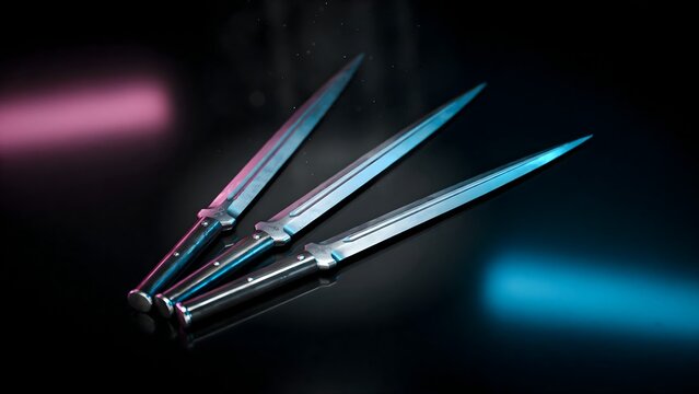 Three Sharp Metal Throwing Knives on Reflective Surface with Colored Lighting