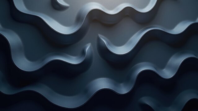 Wavy, metallic surfaces glow softly under dim light. Dark curves contrast with bright highlights across the texture. Modern design evokes calm, rhythm, and fluid motion