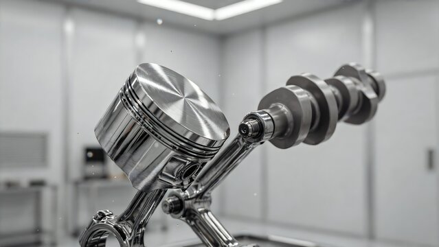 Close-up of automotive piston and crankshaft in engineering workshop