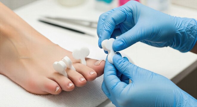 Toe separator placement by gloved pedicure specialist shows hygienic salon workflow, nail preparation and realistic professional beauty procedure before polish.