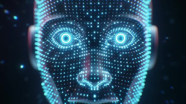 A digital human face is constructed from a grid of glowing blue light particles.