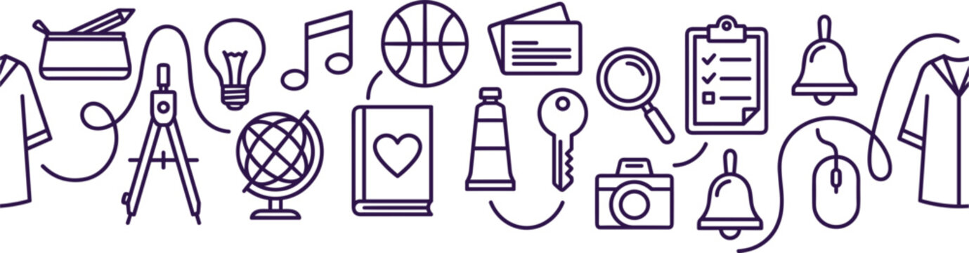 Vector illustration of back to school horizontal line icon banner featuring stationery globe basketball book checklist camera and student supplies pattern