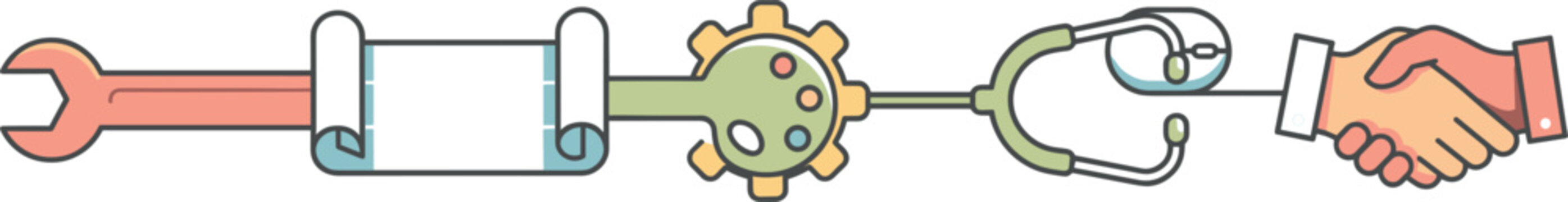Vector illustration of labor icons connected together including wrench scroll gear stethoscope computer mouse and business handshake symbol for cooperation concept