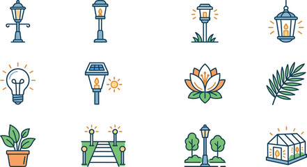 Obraz premium Collection of garden and lamp icons.