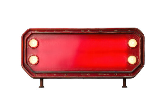 Vintage Red Rectangular Illuminated Sign With Four Round Bulb Sockets On Black Background retro light