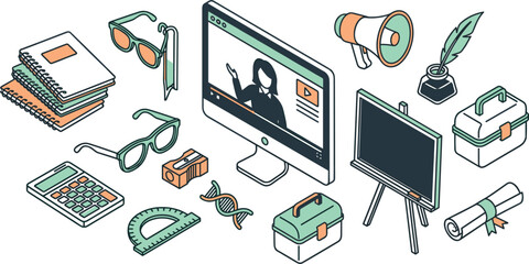 Vector isometric collection of online education line elements featuring computer with video tutorial teacher blackboard books calculator and student stationery icons © Khairul