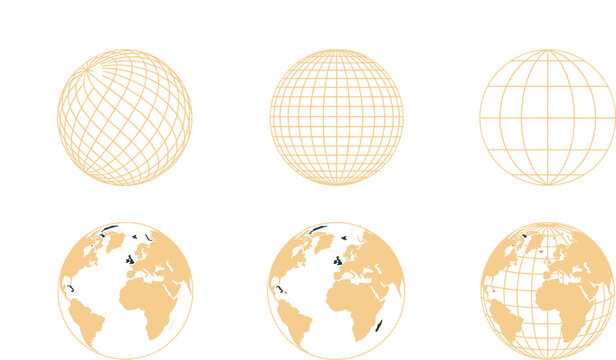 Set of abstract world globe map icons with pixel grid and simple flat shapes for global design