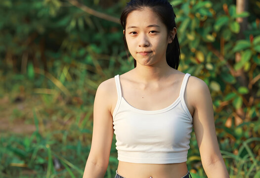 Young woman in white crop top outdoors at golden hour