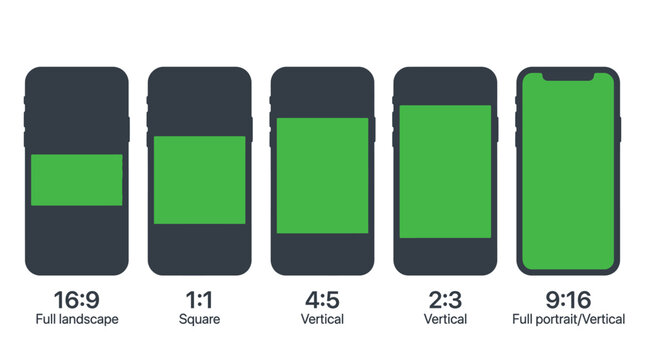 Professional vector illustration of smartphone screen aspect ratios displayed with vibrant green chroma key backgrounds