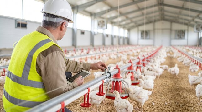 A worker in a safety vest and helmet uses a tablet to check equipment in a poultry farm. The building is filled with many chickens in rows. The scene shows farming activity