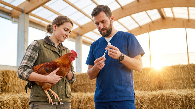 A woman holds a chicken while a man in blue scrubs prepares a syringe. They are inside a barn with hay around them, and the sun is setting outside