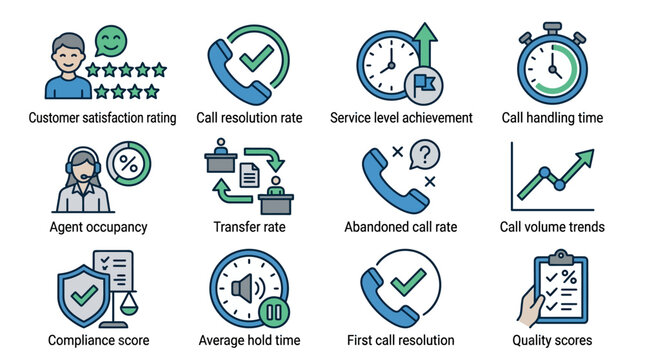 Clean Illustrated Metrics Dashboard for Customer Service Call Center Performance with Icons and Labels