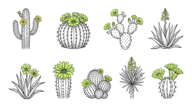 Set of Hand-Drawn Desert Succulents and Cacti