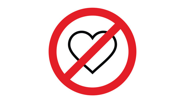 Minimalist vector illustration featuring a bold red prohibition circle crossing out a black heart shape