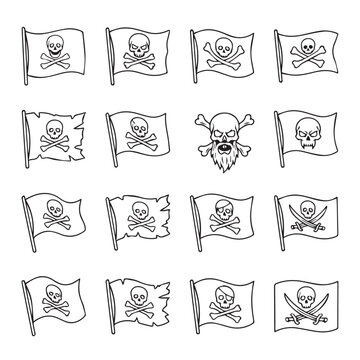 Collection of pirate flags with skull and crossbones designs on white background vector illustration