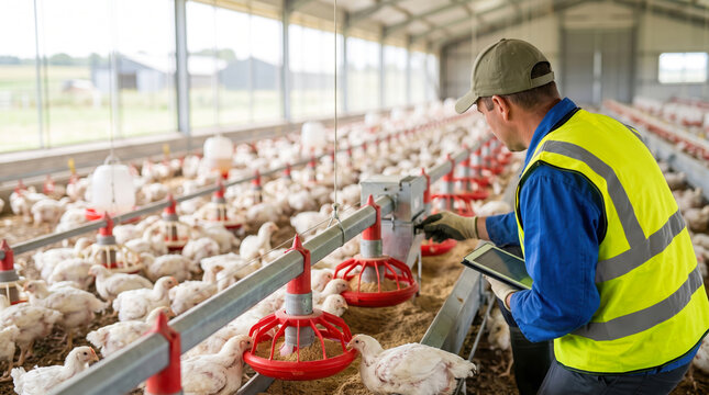 A worker in a bright vest uses a tablet to monitor a feeding system for chickens in a large poultry barn. Many birds gather around feeders. It is daytime