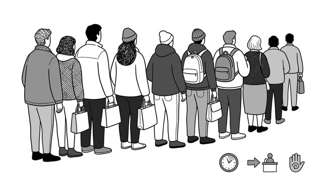 Diverse group of people standing in line, illustration