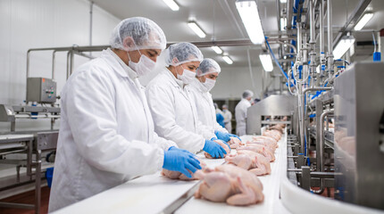 Naklejka premium Workers are cleaning and preparing chickens on a production line in a food processing facility. The setting is bright with machinery and equipment in the background