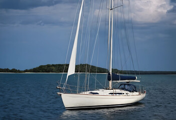 Fototapeta premium Sailboat anchored on calm water near island