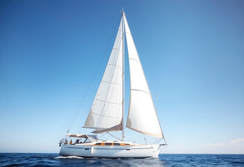 Fototapeta premium White sailboat sailing on calm blue sea under clear sky