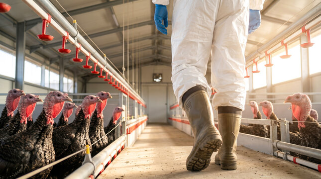 A person in protective clothing walks along a row of turkeys inside a barn. The worker checks on the birds in the early morning light. The barn has equipment for feeding and watering the turkeys
