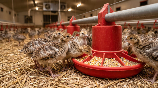 A group of young turkeys is gathered around a red feeder filled with corn inside a farm building. The area has straw covering the floor and bright lights above