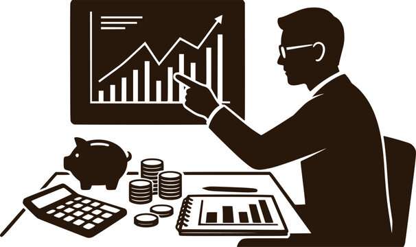 Personal Finance and Budget Planning Vector Silhouette, Man and Woman Calculating Expense Chart with Piggy Bank and Calculator, Financial Management Concept Isolated on White