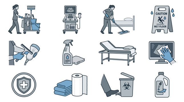 Hospital cleaning and medical sanitation icons.