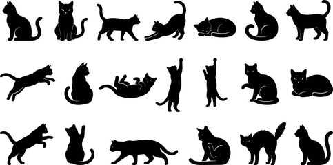 Collection Of Black Cat Silhouettes On A White Background Various Poses And Activities cats feline © Fahim