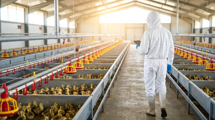 Fototapeta premium A worker walks through a poultry farm filled with ducklings. The person wears protective clothing and checks feeding stations. Morning light fills the building, creating a bright atmosphere