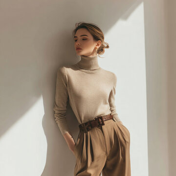Elegant woman in neutral outfit standing in soft natural light