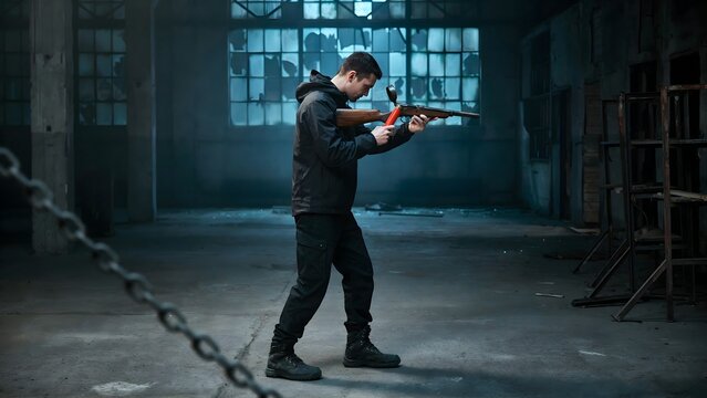 Man Holding Rifle in an Empty Industrial Warehouse with large windows