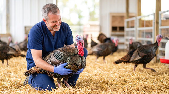 A man in blue scrubs smiles as he gently holds a turkey on a farm. The barn has straw on the floor and several turkeys walking around
