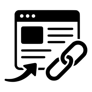 Backlink concept with web page, chain link and inbound arrow, black glyph icon for SEO link building and off-page optimization