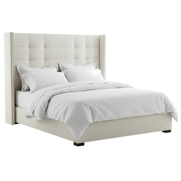 Modern white upholstered bed frame featuring a tufted headboard with soft pillows and clean linens